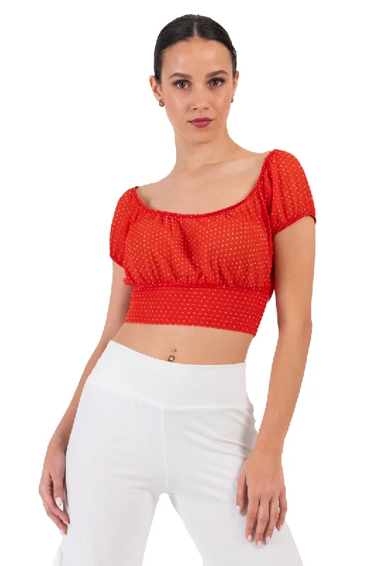 Orange Polka Dot Ruffled Off-The-Shoulder Crop Top Ribbed Crop Top High Neck Heavyweight