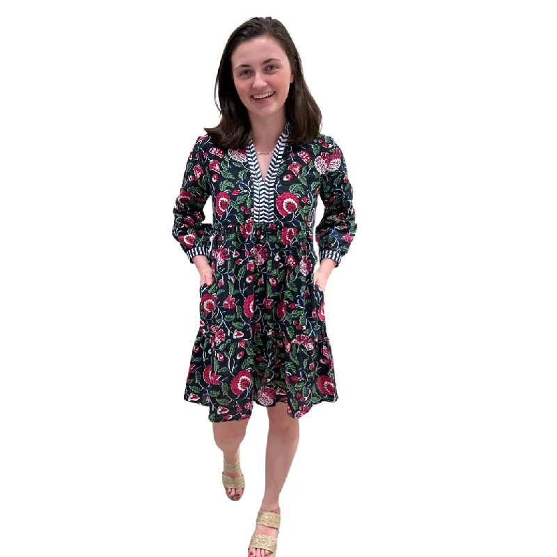 The Naomi Cotton Block Print Black Pink Floral Dress with Embroidered Trim Tunics Sophisticated sleek The Naomi Cotton Block Print Black Pink Floral Dress with Embroidered Trim Tunics Sophisticated sleek