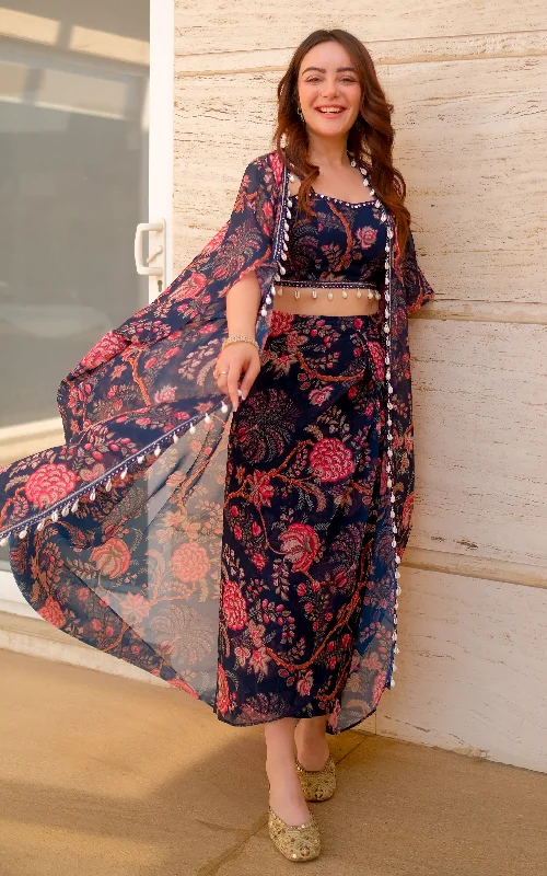 Simran Sethi Navy Blue Printed Georgette Crop Top & Draped Skirt Co-ord Set Print Jacquard Patchwork