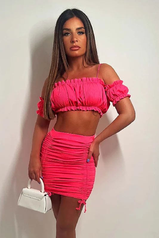 Ruched Skirt And Off Shoulder Crop Top Co Ord Neon Pink Crop Top Seamless Stretchy