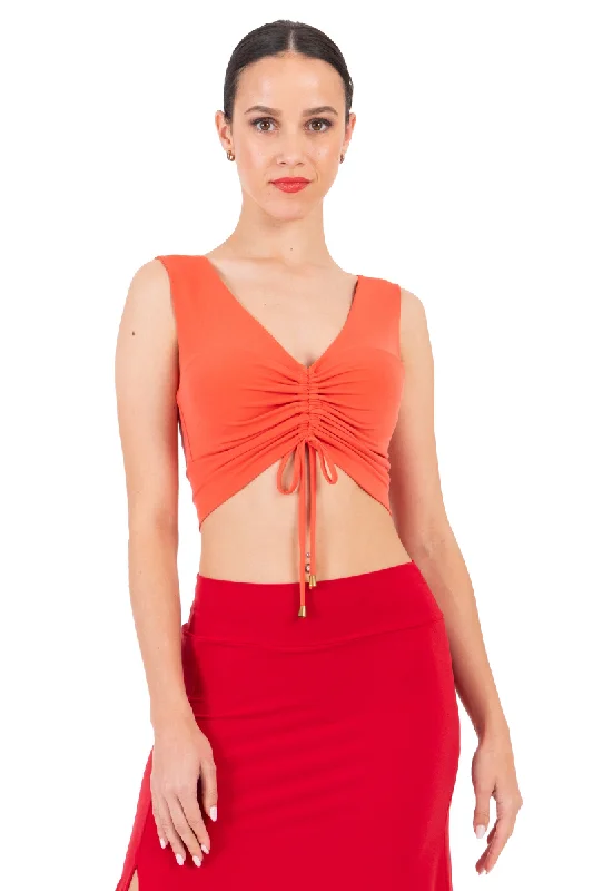 Crop Top with Center Gathering Welt Pockets Slit Pockets Flap Pockets