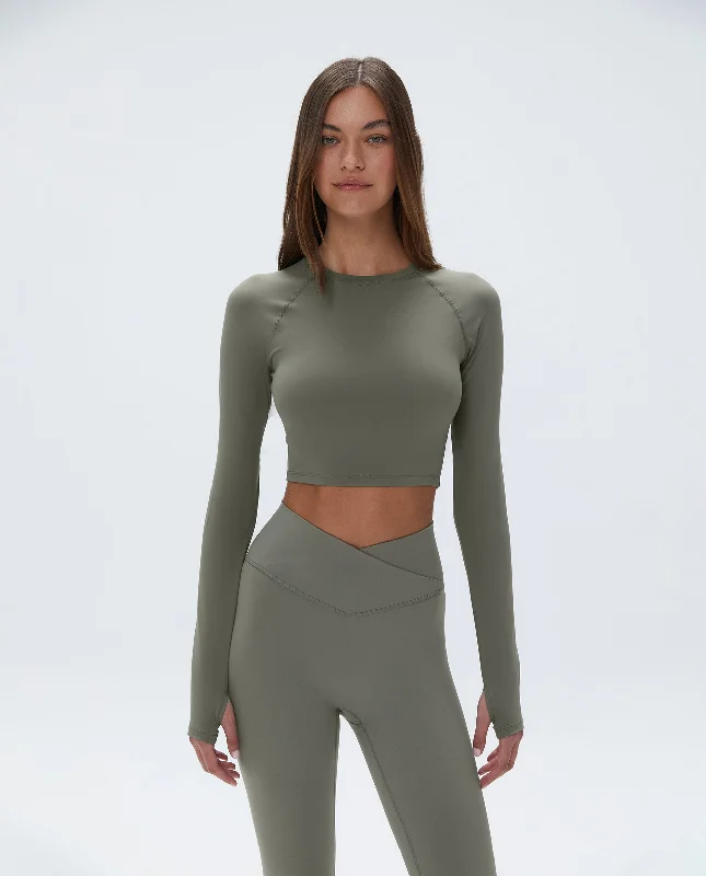 Long Sleeve Crop Top - Olive Green Front Pockets Side Pockets Patch Pockets