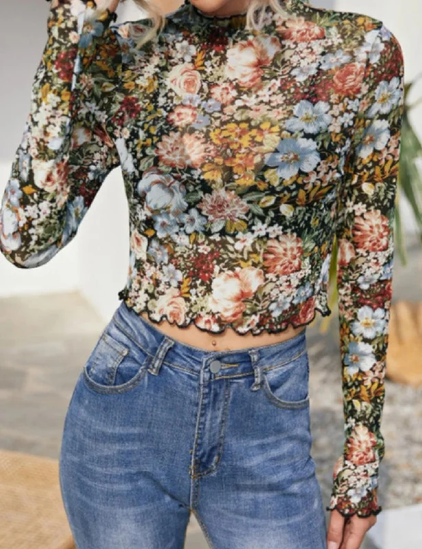 Ladies Floral Print Mesh Crop Top 68072 Rayon Velvet Corduroy