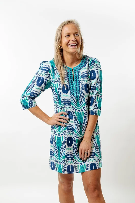The Merrill Ikat Embroidered Trim Tunic Dress in Blue and Green Tunics Handmade artisanal