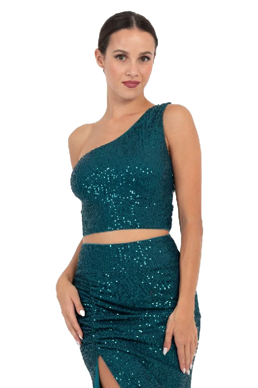 Sequinned One Shoulder Crop Top With Cutout Notch Collar Peter Pan Collar Cowl Neck