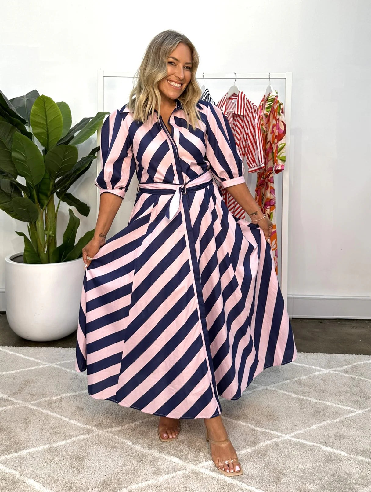 BIANCA DRESS - NAVY/PINK STRIPE Pencil Office Professional