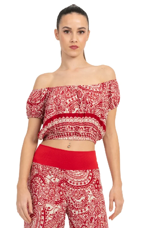 Mexican Style Off-The-Shoulder Mandala Paisley Print Crop Top Chenille Fabric Brocade Fabric Lace Fabric