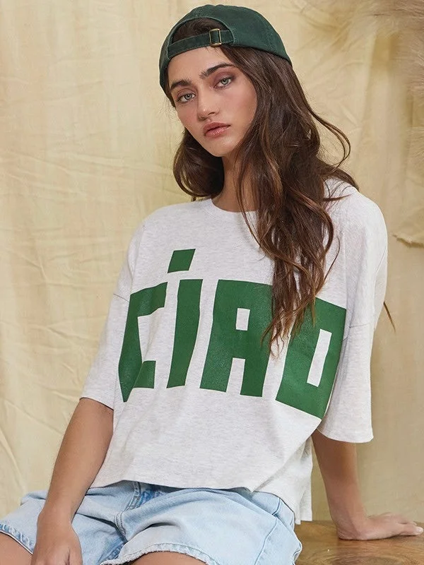 Ciao Graphic Crop Top Zippered Buttoned Snapped