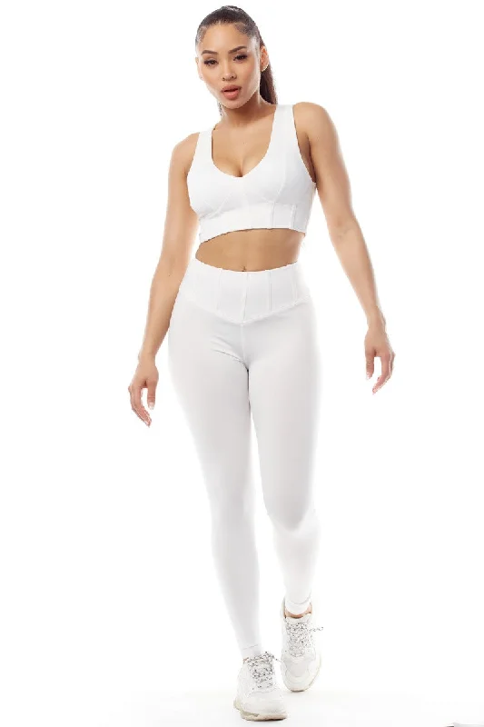 WHITE CROP TOP AND  PANTS SET ASS202 Solid Print Embellished