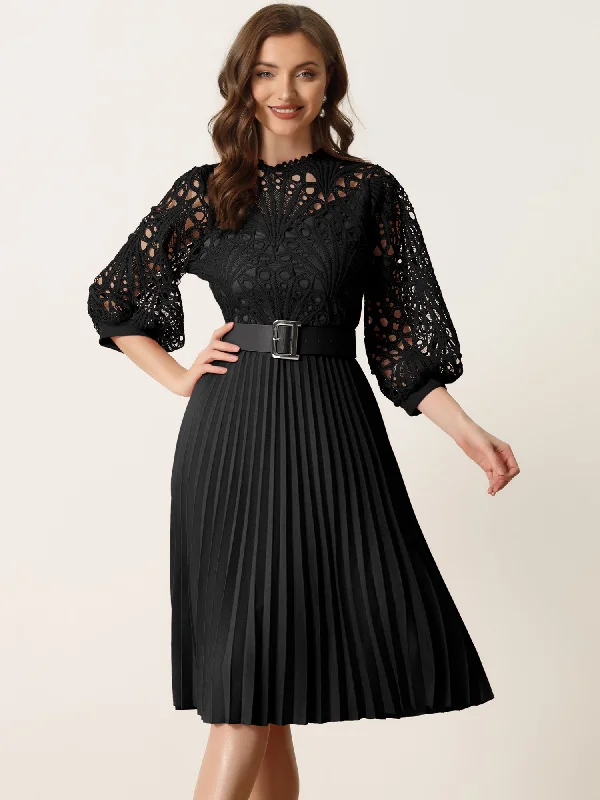 Floral Lace 3/4 Sleeve Belted Panel A-Line Pleated Dress Tunics Luxurious high-end