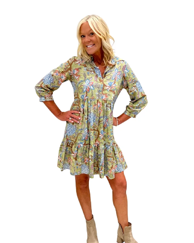 The Nicolette Hand Block Print Dress in Celery Floral Tunics Short Trendy