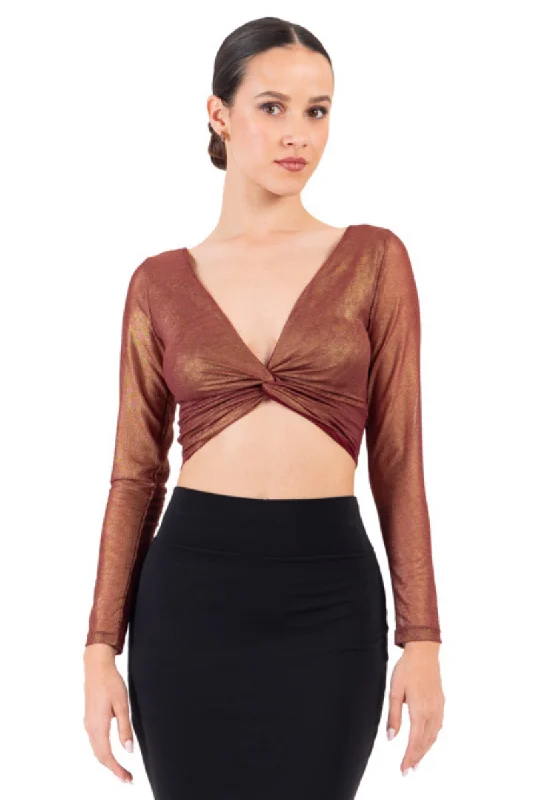 Shiny Bronze Twisted Knot V-neck Crop Top Thin Crop Top Open Front Quick Dry