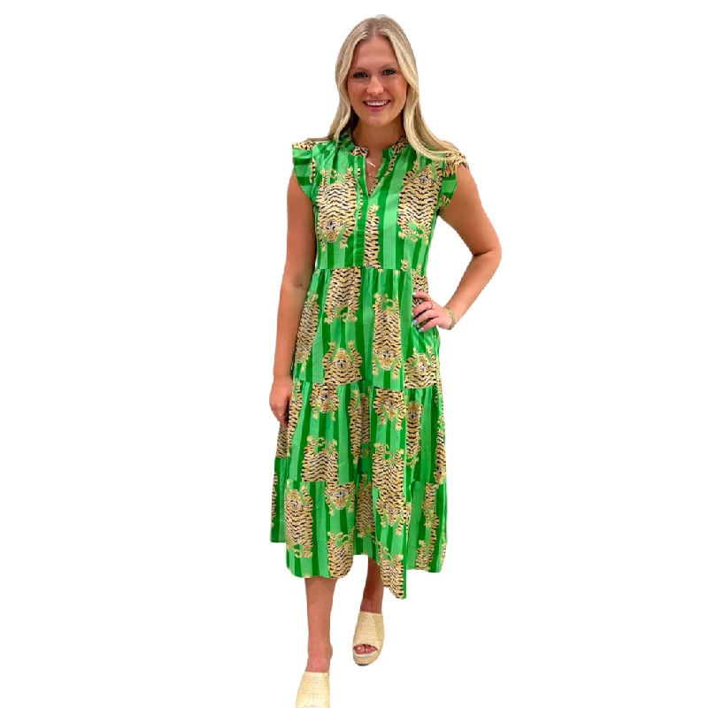 The Campbell Flutter Sleeve Long Length Dress in Lime Tiger Striped Block Print A-Line Day Work The Campbell Flutter Sleeve Long Length Dress in Lime Tiger Striped Block Print A-Line Day Work