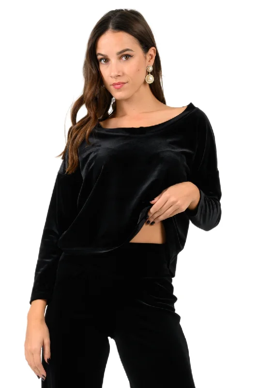 Loose-Fit Velvet Crop Top with Long Sleeves Knit Fabric Woven Fabric Fleece Fabric