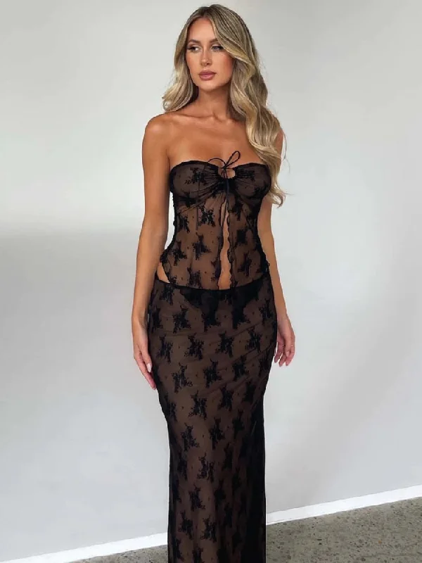 ASHORE SHOP Lace Print Sexy Dress Set Crop Top And Long Skirt Matching Sets Mesh Blend Leather Blend Suede Blend