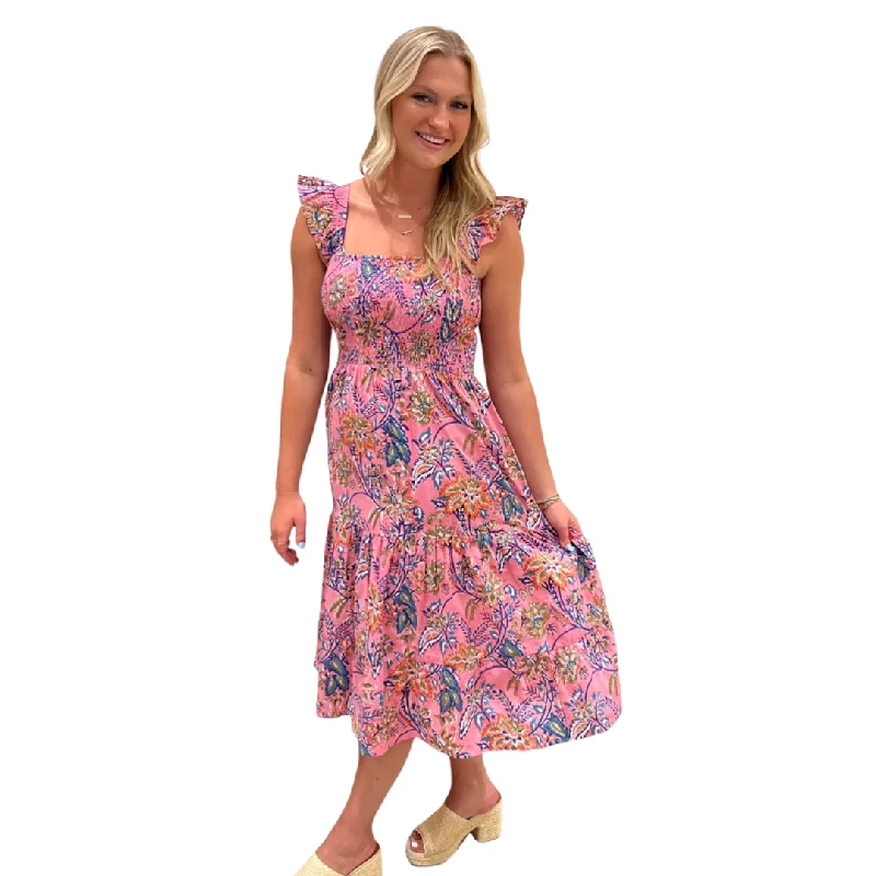 The Cloey Pretty-in-Pink Cotton Block Print Smocked Dress Casual Short Summer