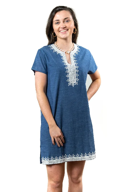 The Calypso Dress in Blue With White Embroidery Tunics Office stylish