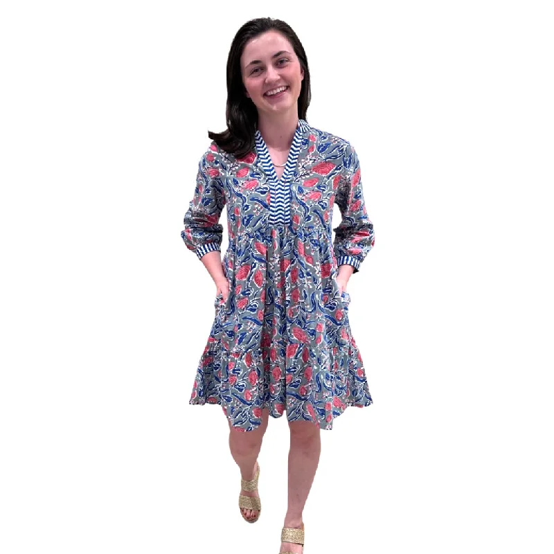 The Naomi Embroidered Trim Dress in Hand Blocked Blue Pink Floral Tunics Fashionable trendy The Naomi Embroidered Trim Dress in Hand Blocked Blue Pink Floral Tunics Fashionable trendy