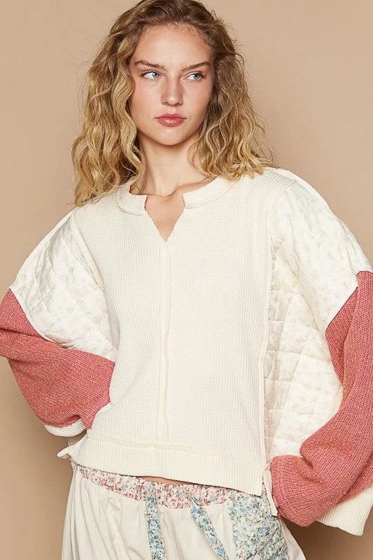 POL Quilted Contrast Waffle Knit Crop Top Patchwork High-low Long Sleeve Sweater Fleece Fabric Down Fabric Feather Fabric