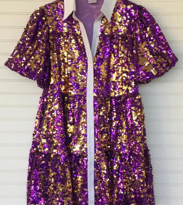 Dress Purple & Gold Sequin Smocked Bodycon Club Sequined