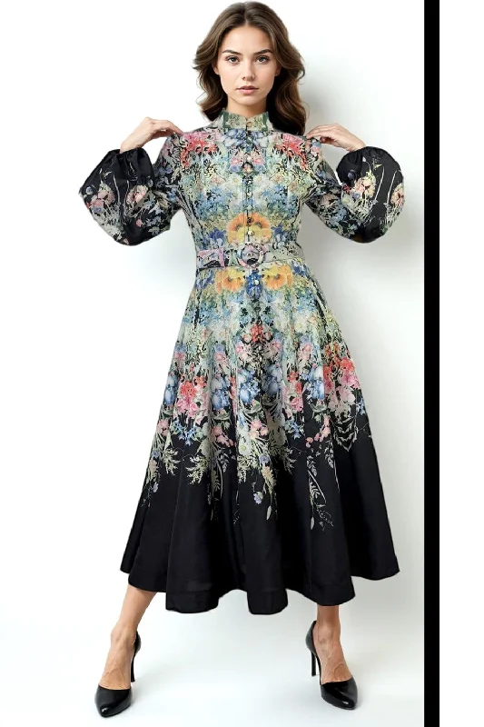 GF1046 STAND COLLAR FLORAL DRESS Tunics Handmade artisanal