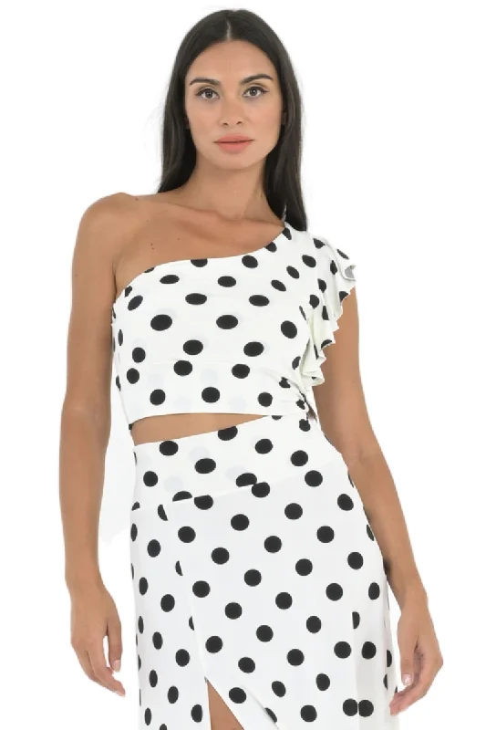 Polka Dot One Shoulder Crop Top With Ruffled Sleeve Collared Crew Neck Turtle Neck