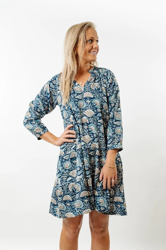 The Dahlia 3/4 Sleeve Block Print Cotton Dress in Navy and Beige Floral Tunics Stylish elegant
