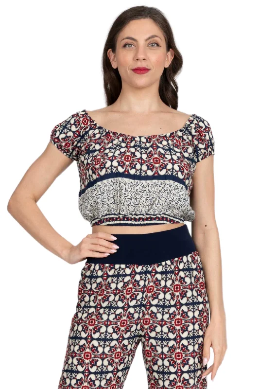 Mexican Style Off-The-Shoulder Tile Print Crop Top Welt Pockets Slit Pockets Flap Pockets