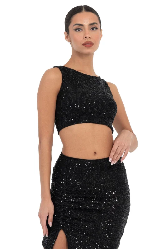 Sequinned Crop Top Zippered Front Buttoned Front Snap Front