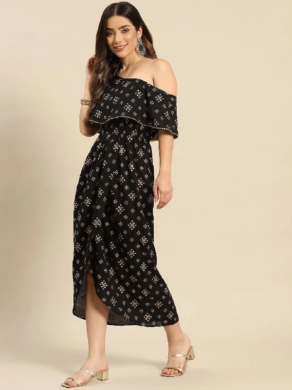 One Shoulder Yoke Overlap Printed Dress-Tp0434Rp44-S Tunics Mesh breathable