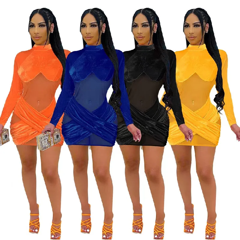 Tight sexy perspective nightclubs do not pour velvet stitching gauze dress.（CL12098） Tunics Vintage classic