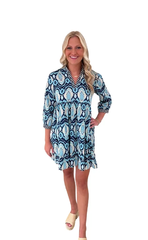 The Morley Turquoise Ikat Embroidered Trim Dress Tunics Chic fashionable