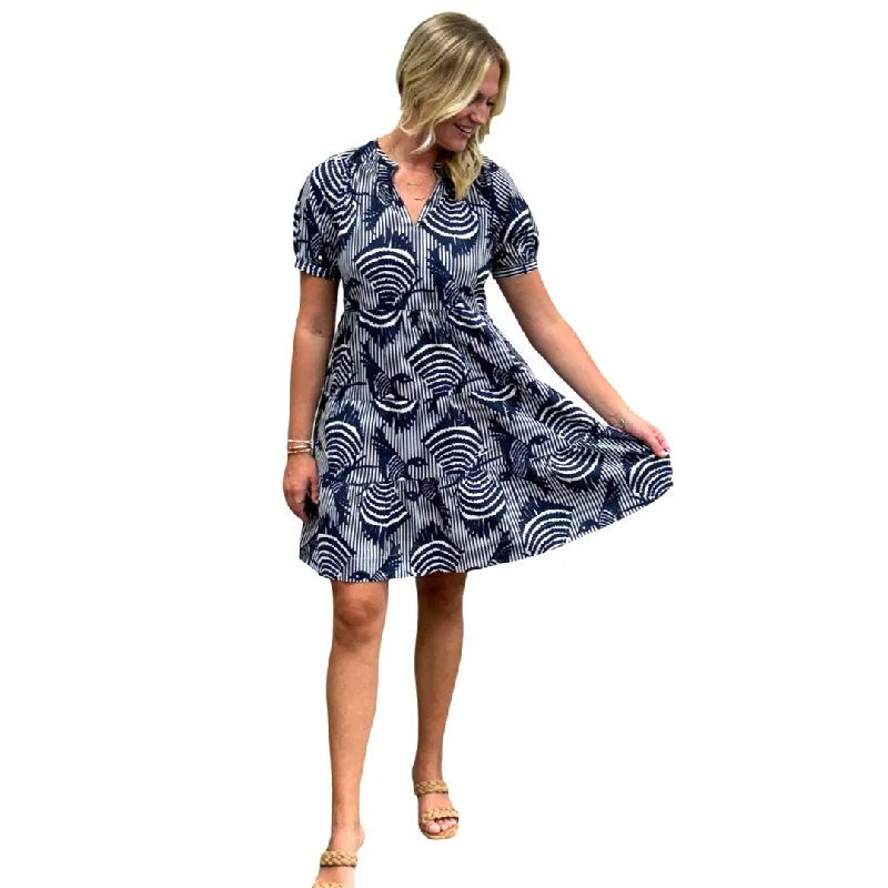 The Dahlia Smocked Neck Dress in Navy Striped Bird Print Floral Print girly
