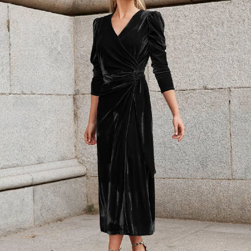 Waist Tie Velvet Solid Color Ladies Long Dress GQTC Square Neckline Feminine