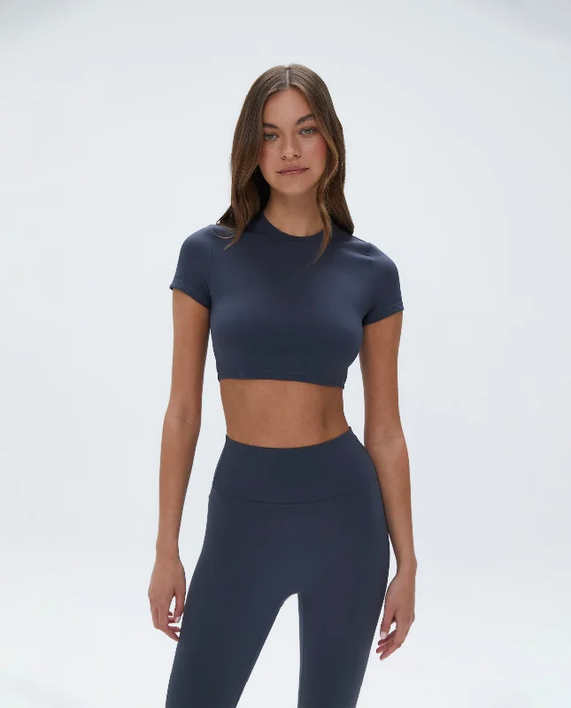 Short Sleeve Crop Top - Midnight Blue Welt Pockets Slit Pockets Flap Pockets