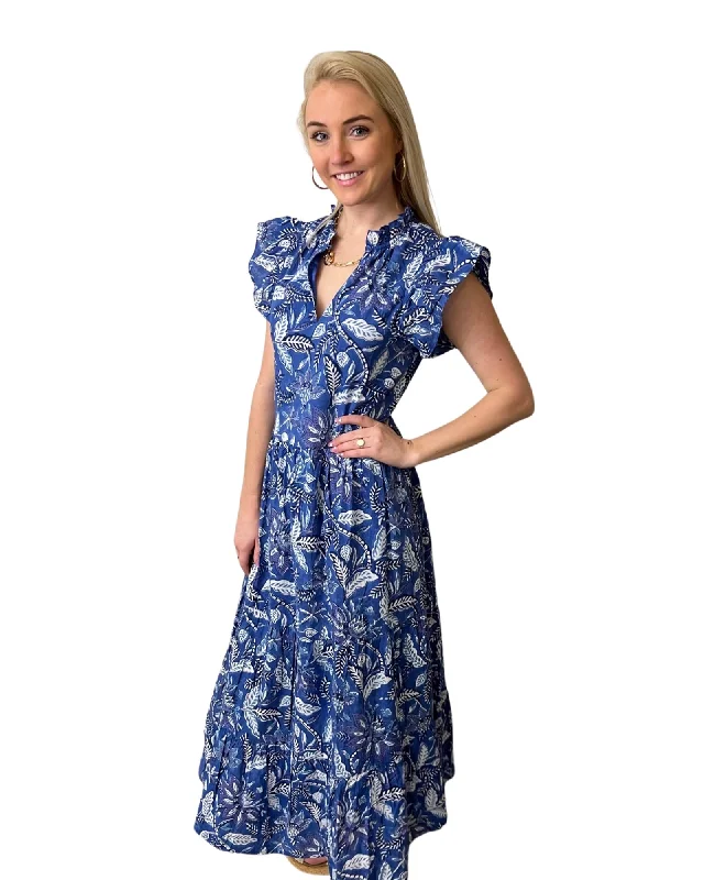 The Long Length Tinley Block Print Dress in Brilliant Blue Floral Tunics Designer luxury