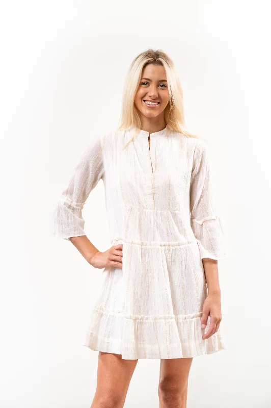 The Makayla White and Gold Cotton Gauze Tiered Dress Tunics Silk luxurious