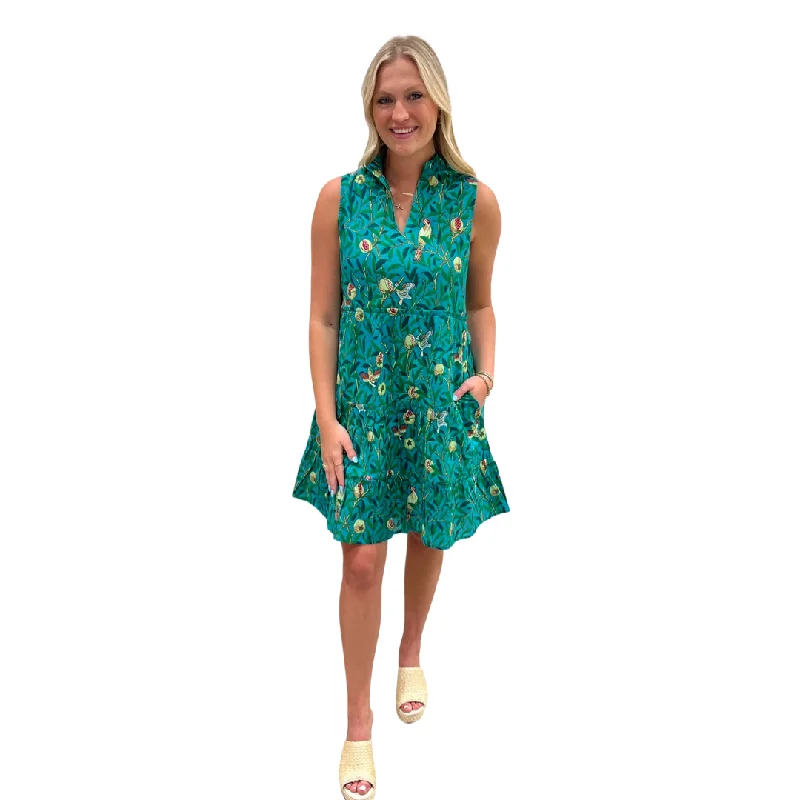 The Colby Dress in Palm Green Bird Print Crew Neckline Casual