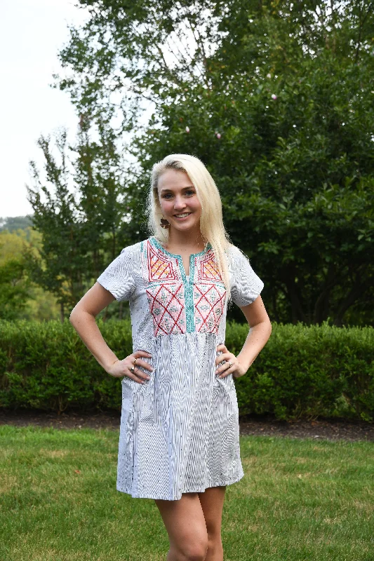 The Lizzie Embroidered Short Sleeve Pin Stripe Dress Tunics Sophisticated sleek