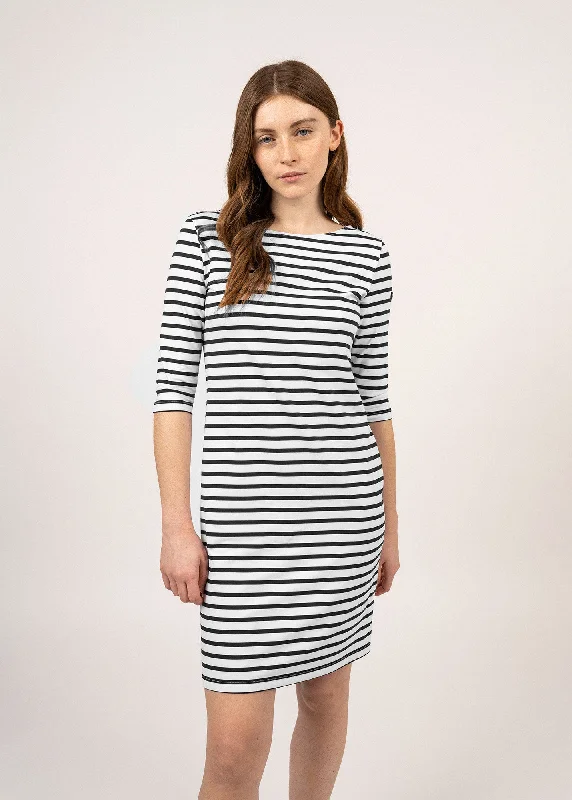 PROPRIANO - Form-Fitting Nautical Stripe Dress | Anti-UV Stretch Fabric (WHITE / BLACK) A-Line Day Work