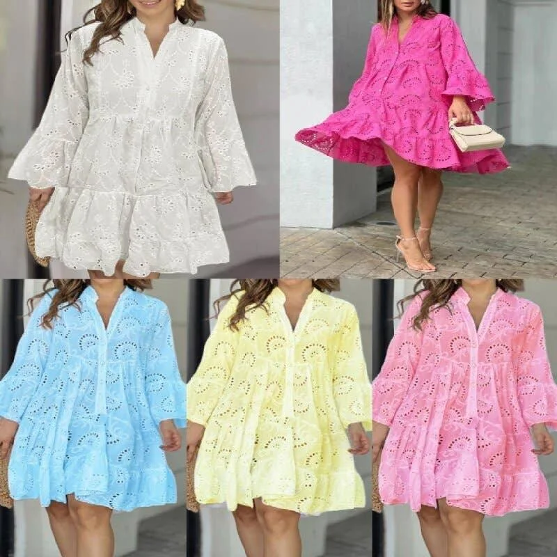 Eyelet Long Sleeves Short Daily Dress 23115 Tunics Business professional