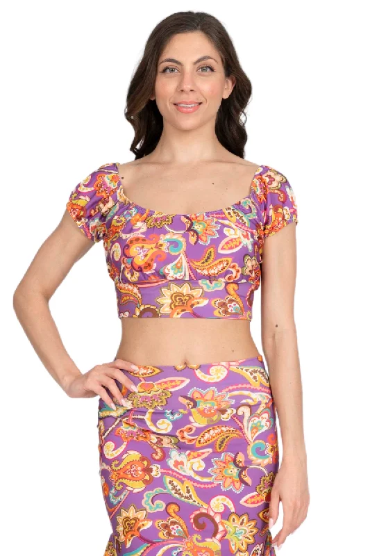 Off-The-Shoulder Floral Paisley Print Print Crop Top Front Pockets Side Pockets Patch Pockets