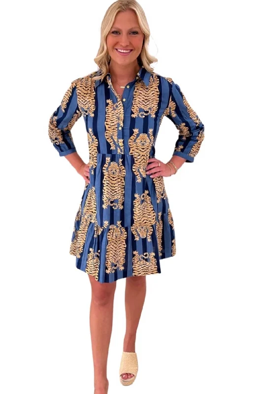 The Kalie Cotton Tiger Print Dress in Blue Stripe Tunics Ceremony elegant