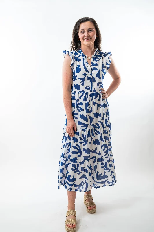 The Campbell Flutter Sleeve Dress in White and Blue Cotton Turtleneck Neckline Stylish The Campbell Flutter Sleeve Dress in White and Blue Cotton Turtleneck Neckline Stylish