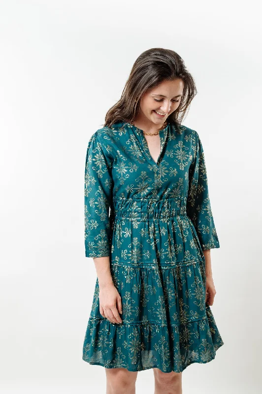 The Sydney Jade and Gold Cinch Waist Dress Off-the-shoulder Chic Trendy