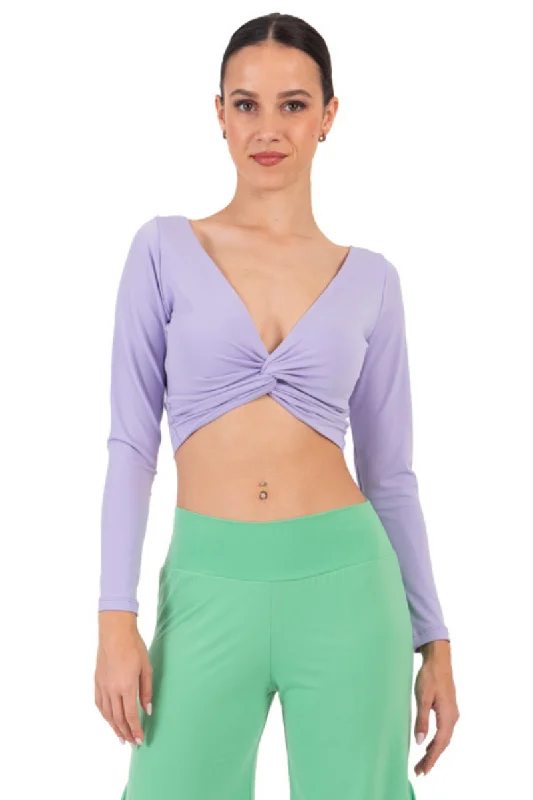 Long Sleeve Twisted Knot V-neck Crop Top Terry Blend Velvet Blend Canvas Blend