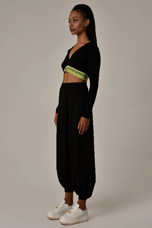 Deep V Crop Top Black/Lime Rayon Fabric Velvet Fabric Corduroy Fabric