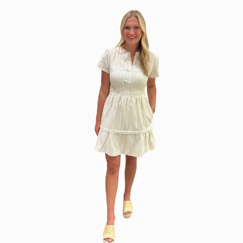 The Sydney Beige Textured Dobby Dress in Cotton Cowl Neckline Elegant