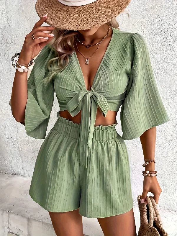 Chic Solid Two-piece Set - Trendy Knot Front Crop Top & Shorts Outfit - Fashionable Womens Casual Wear for Effortless Style Satin Fabric Silk Fabric Chiffon Fabric