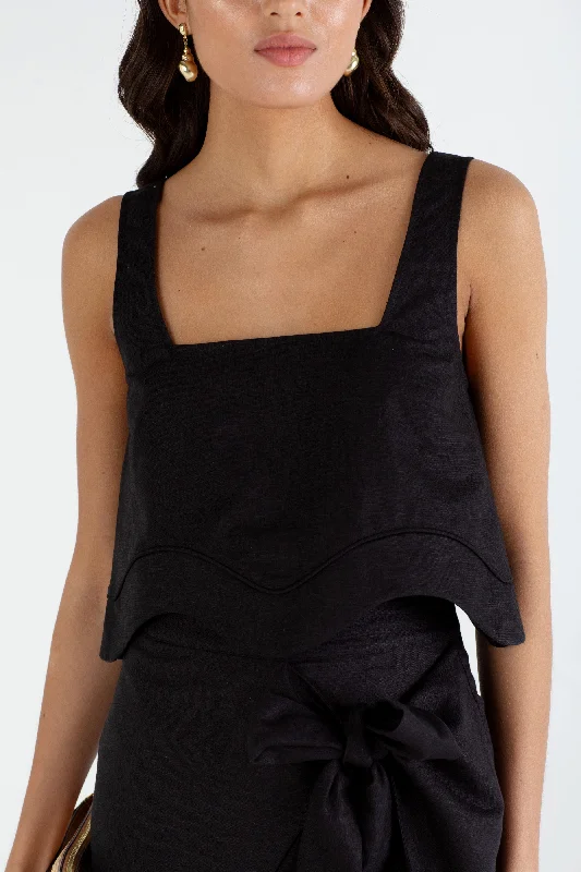 "The Tara" Scallop Linen Crop Top (Black) Zippered Front Buttoned Front Snap Front